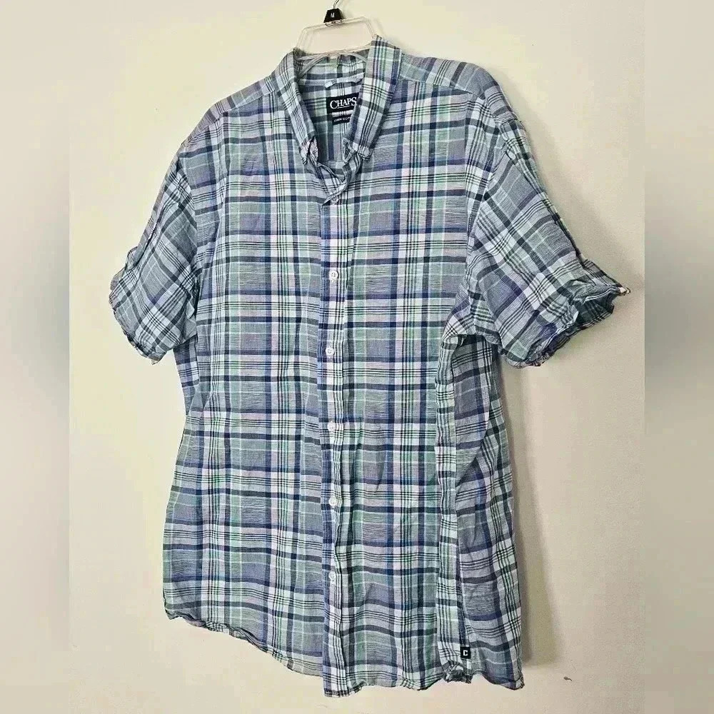 Chaps Linen Cotton Button Down Plaid Short Sleeve Shirt - Men's XXL blue green
